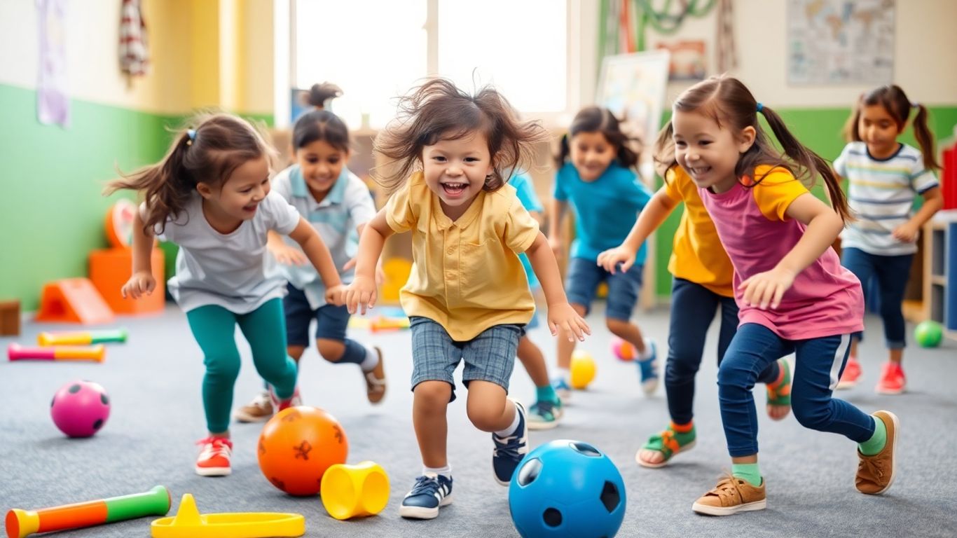 Kinder spielen begeistert im Sportunterricht mit bunten Bällen.