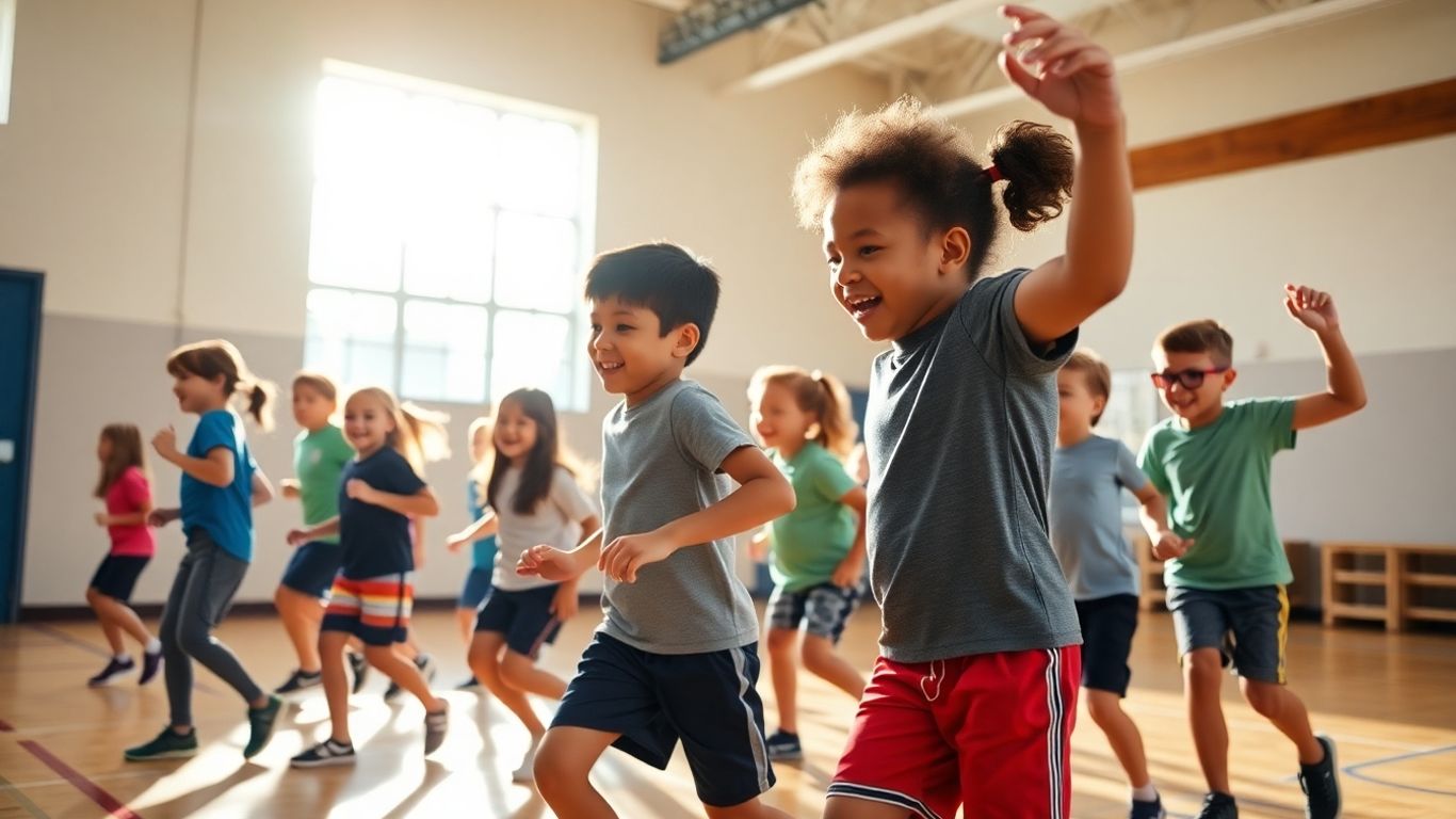 Schüler spielen energisch Aufwärmspiele im Sportunterricht.