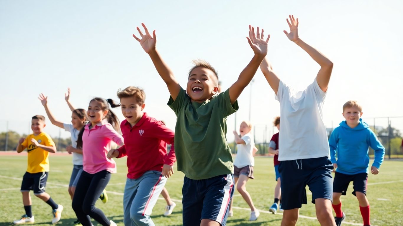 Schüler führen dynamische Aufwärmübungen auf einem Sportplatz aus.