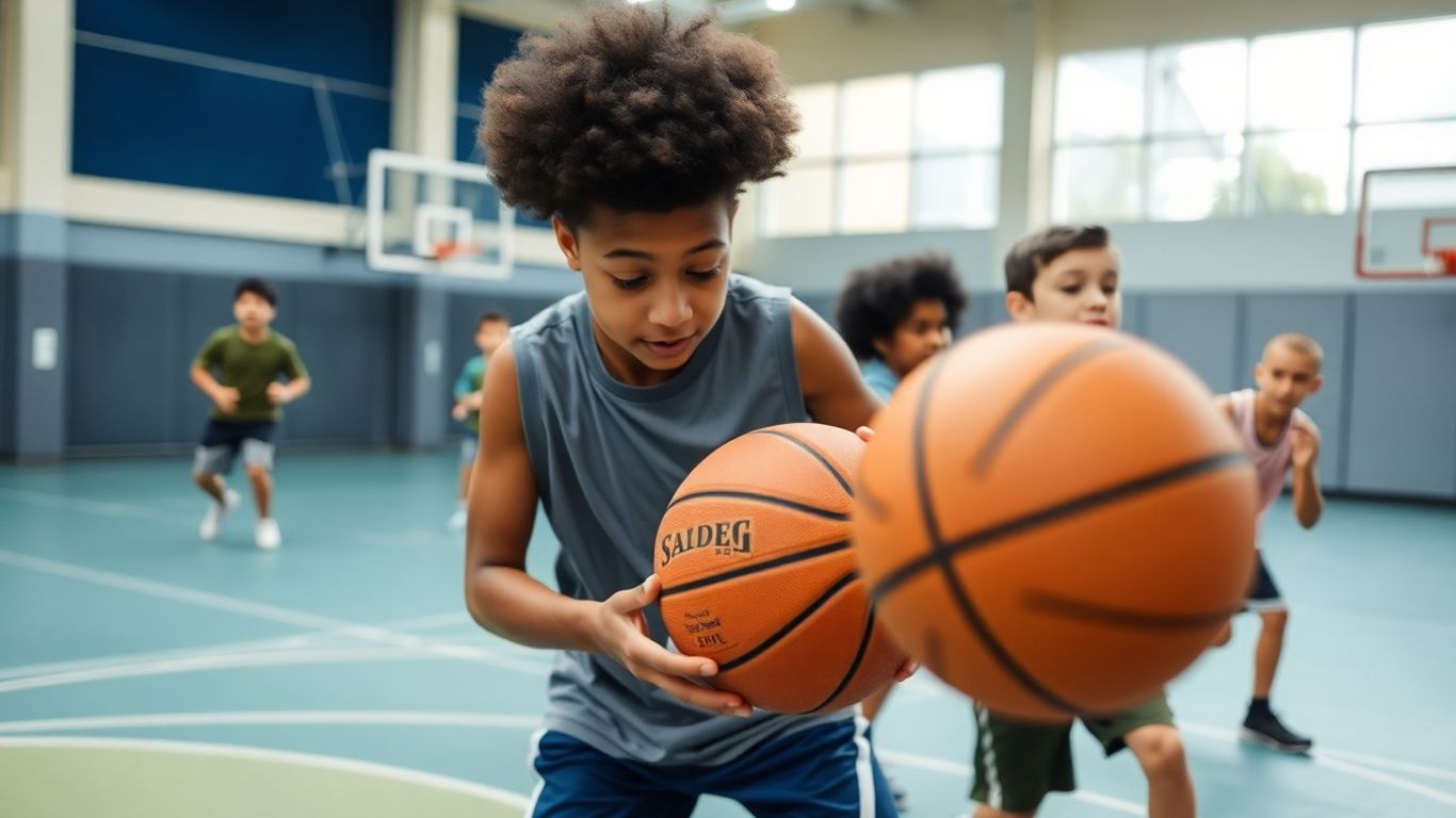 Schüler spielen Basketball im Sportunterricht