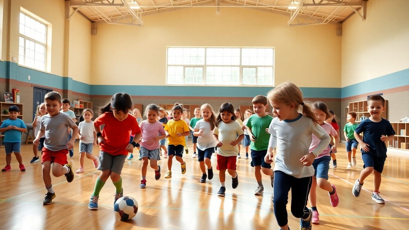 Kinder spielen und bewegen sich in einer Turnhalle.