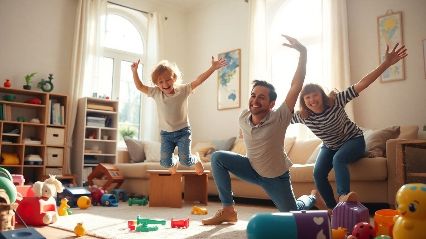 Familie spielt lachend im Wohnzimmer ohne Geräte.
