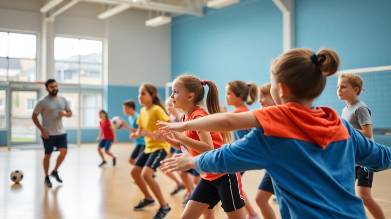 Sportlehrer leitet energische Schüler im Unterricht an.