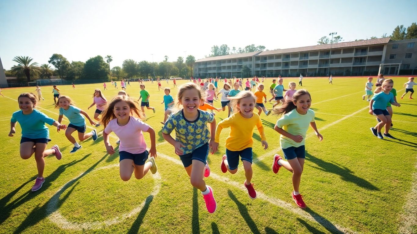 Fröhliche Schüler spielen auf einem sonnigen Sportplatz.
