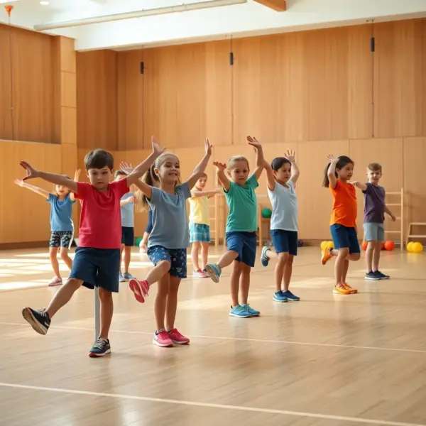 Kinder beim Gleichgewichtstraining in der Turnhalle