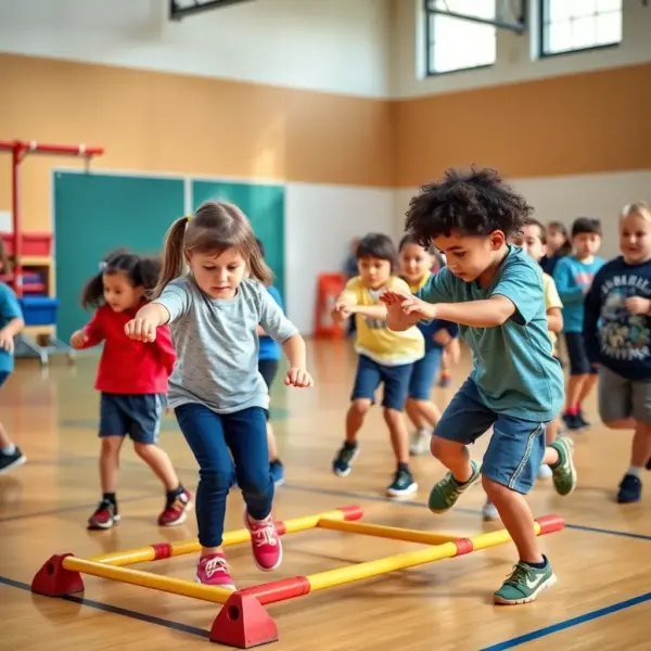 Kinder beim Hindernisparcours mit verschiedenen Koordinationsübungen